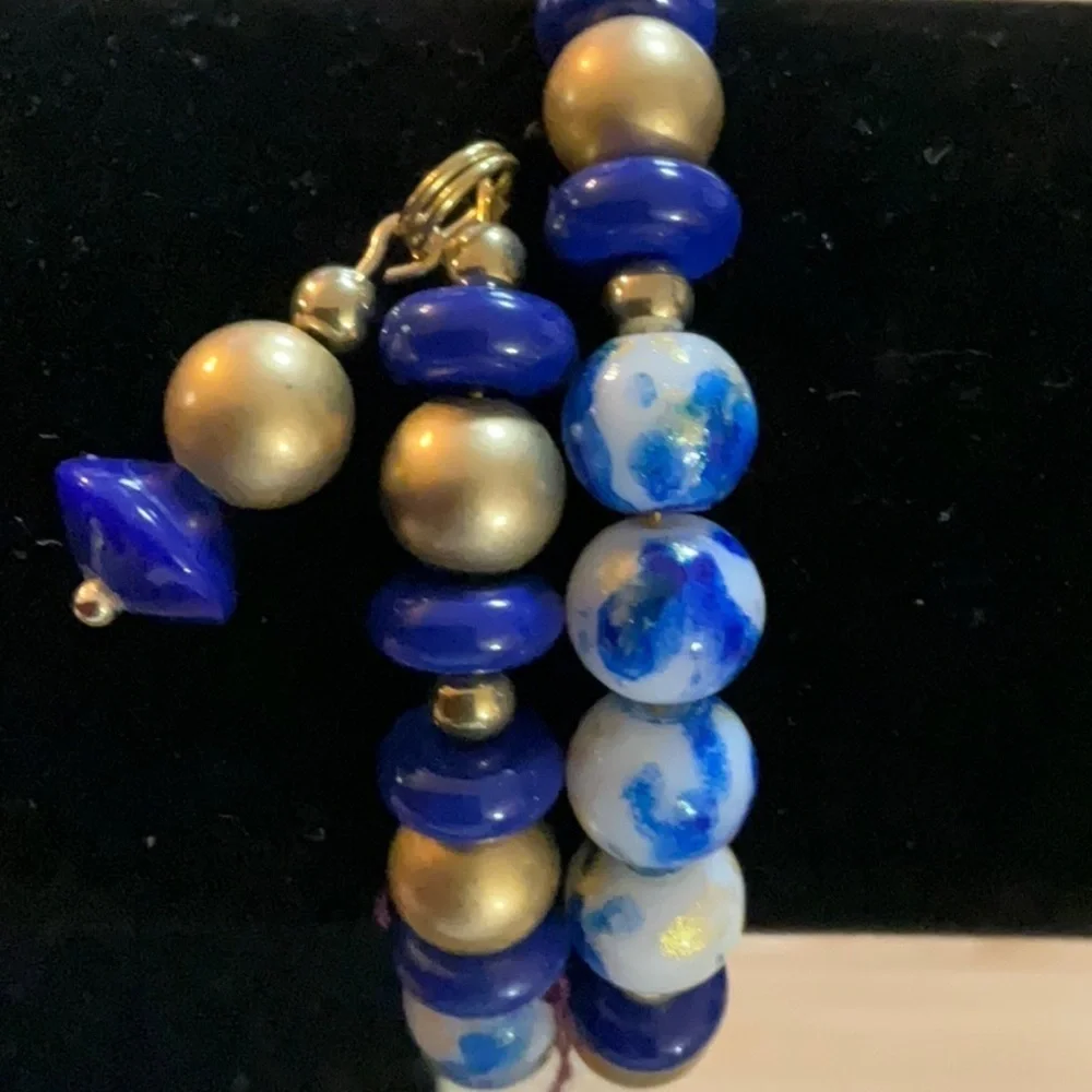 Hand Crafted Memory Wire Wrap Bracelet Royal Blue Gold White Small/Medium